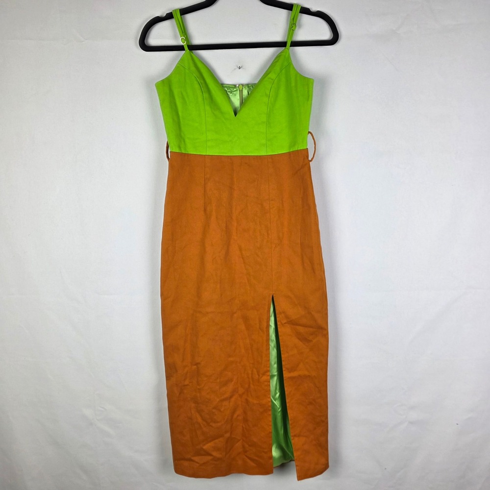 L'atiste by Amy‎ Green Orange Colorblock Midi Dress Slit LTD5214Z Small NEW